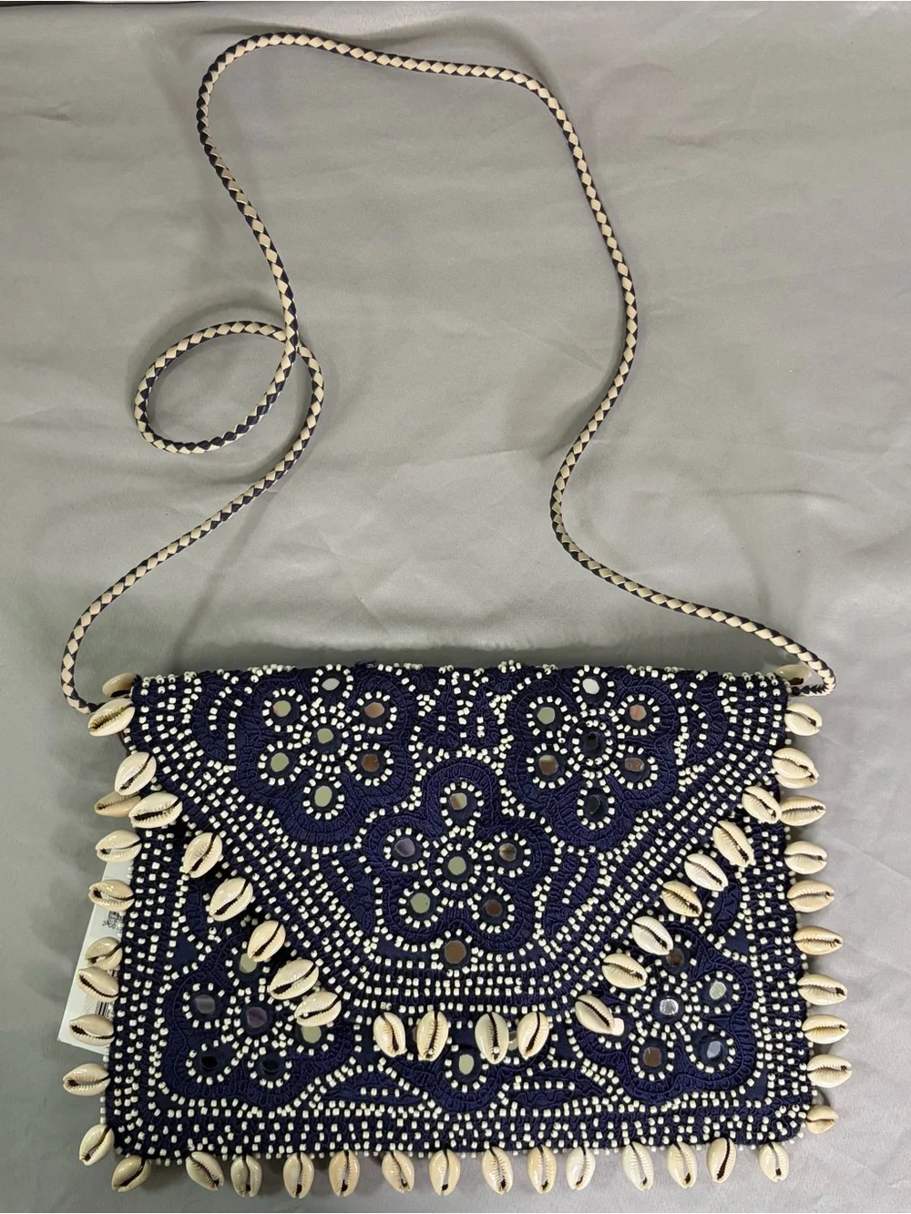 Antik Batik Navy Beaded Shell-Trim Envelope Clutch/Cross Body